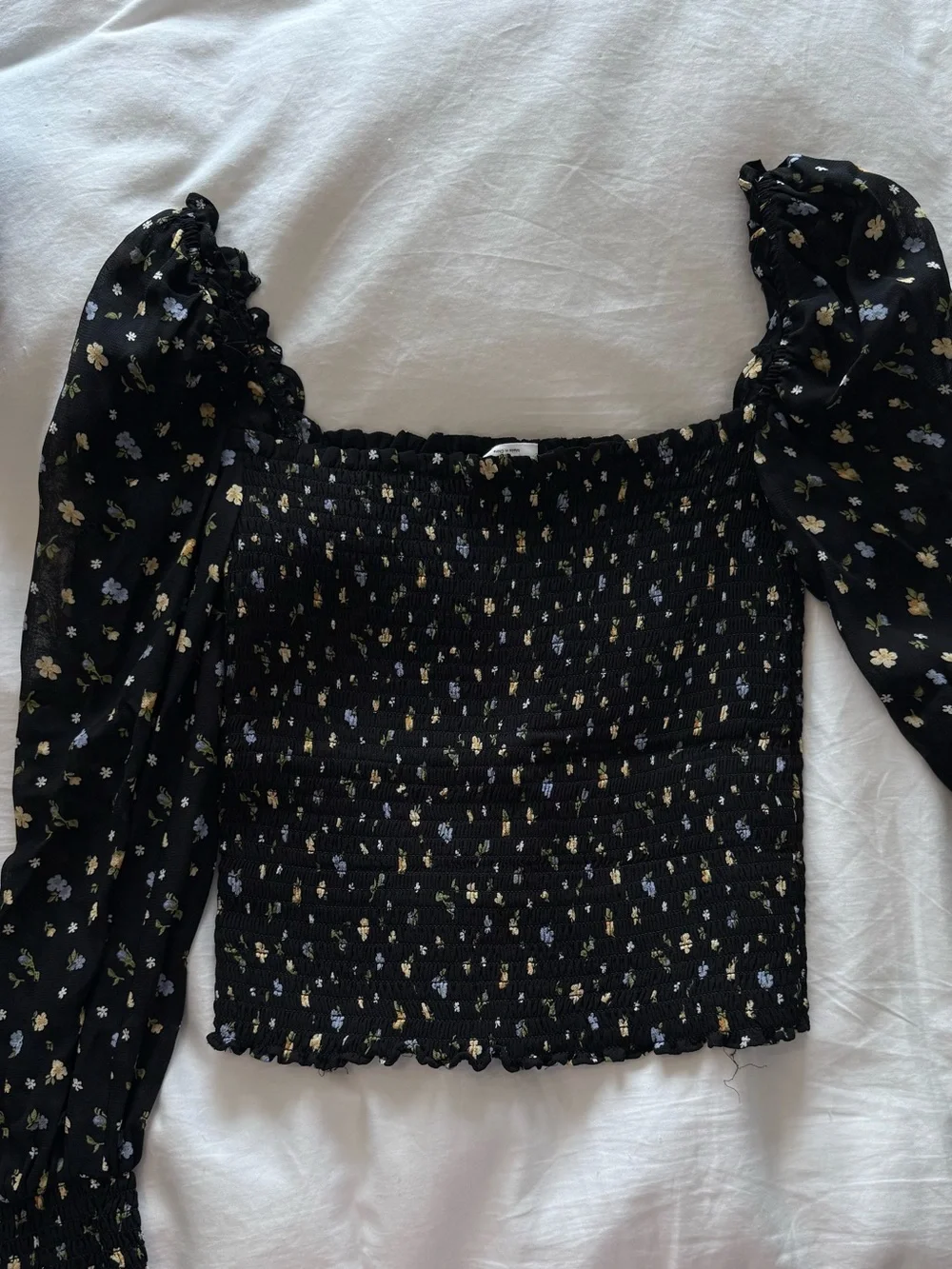 Reformation Black Floral Smocked Square-Neck Blouse